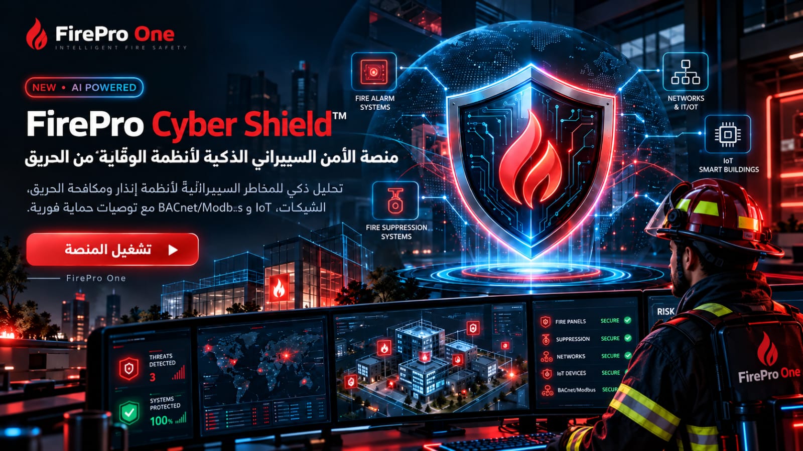 FirePro Cyber Shield™ — منصة الأمن السيبراني الذكية لأنظمة الوقاية من الحريق
